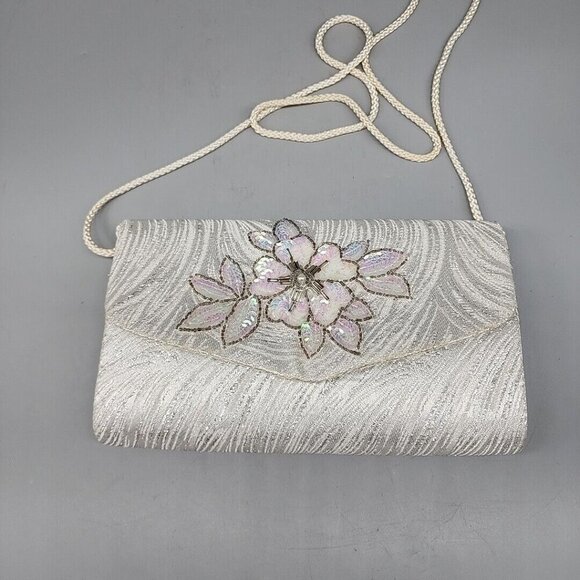 La Regale Glitter Beaded Shell Evening Shoulder Bag Magnetic Snap 9.5" X 5.5" - Picture 1 of 5